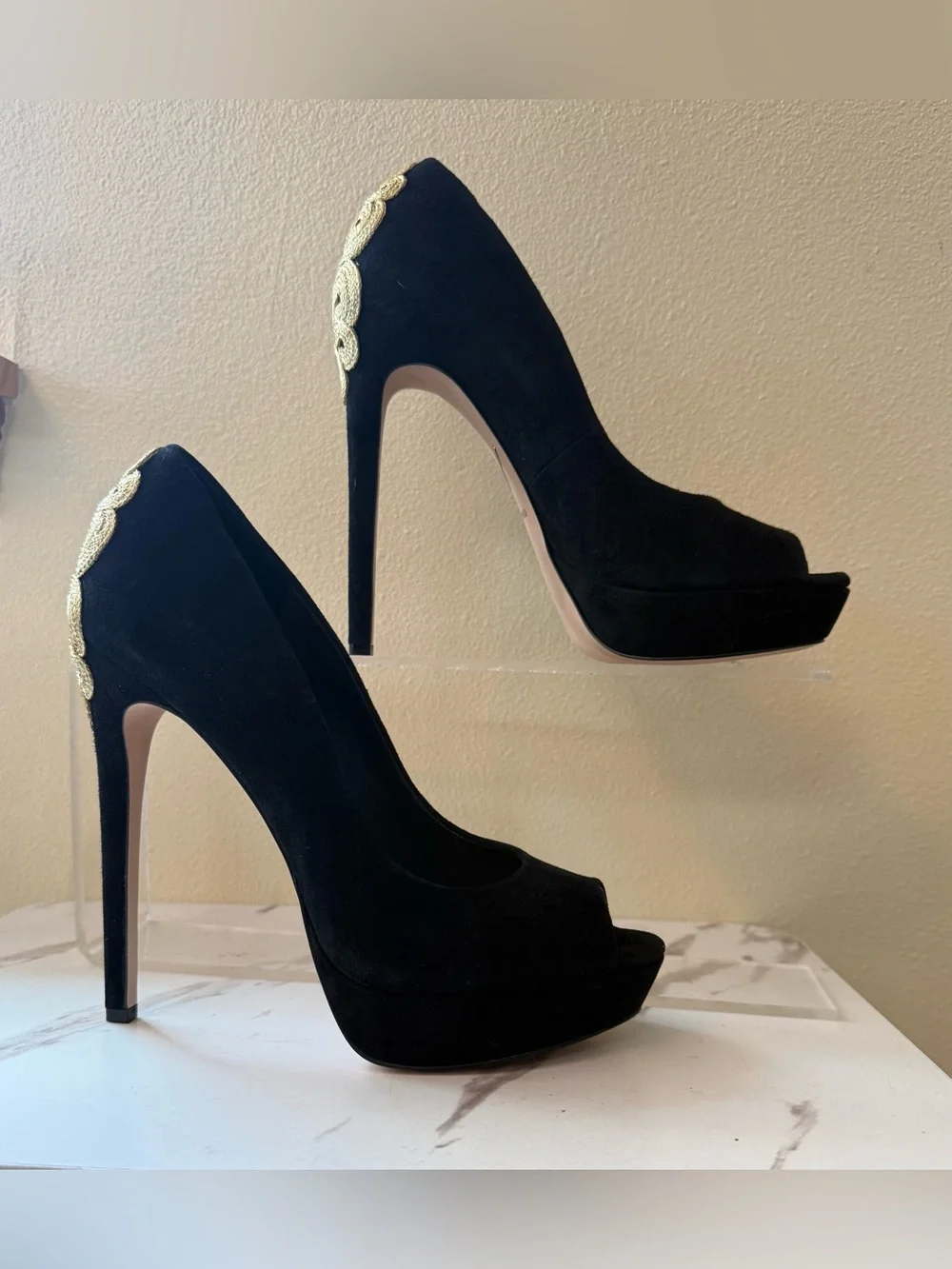 Brian Atwood Raja Black Suede Peep-Toe Platform, Gold Embellishment, EUC, Size 9
